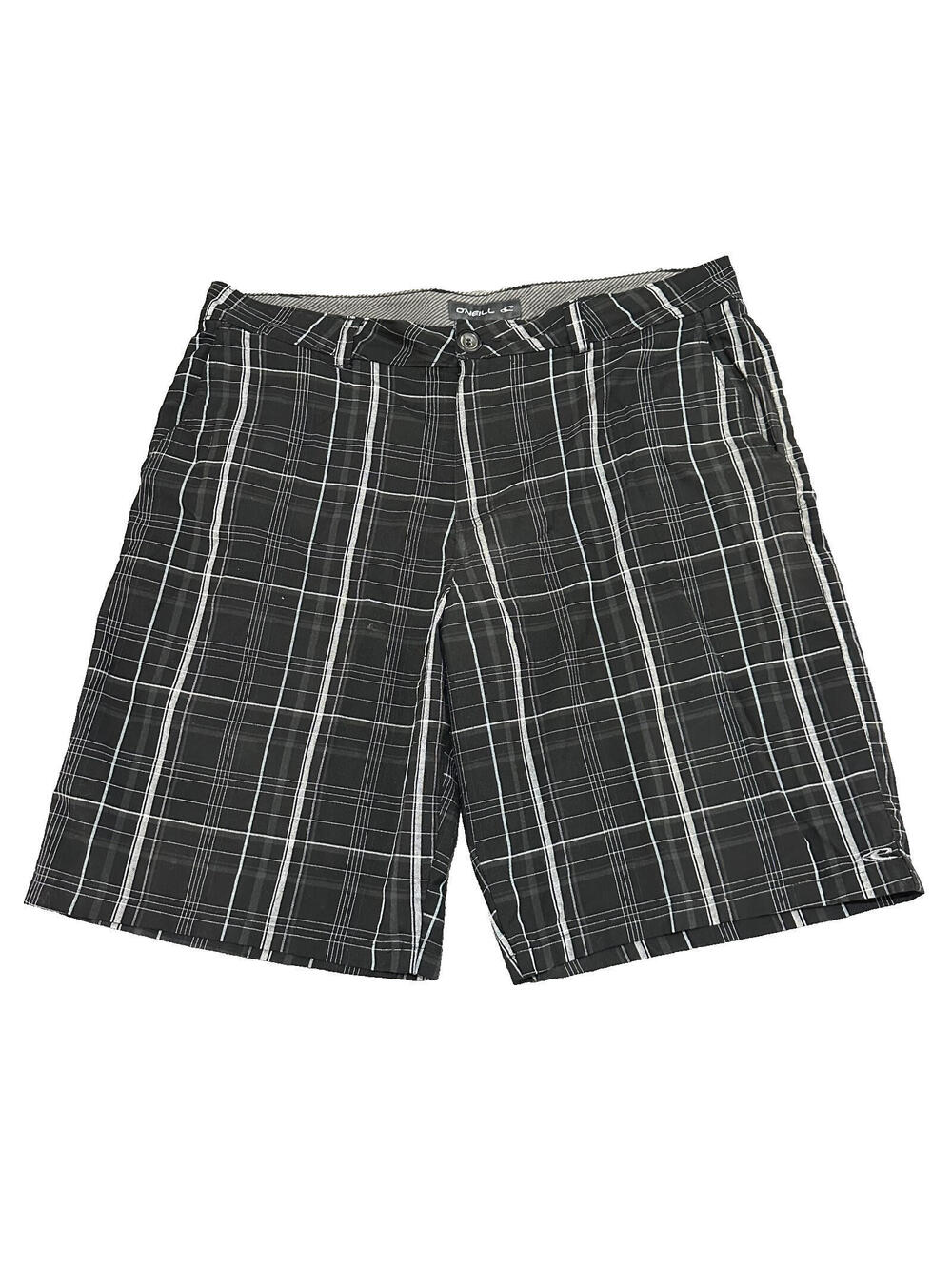 O'Neill Men Plaid Shorts Black 38 XL Flat Front Casual Skate Streetwear Surf